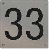 Huisnummerbord - huisnummer 33 - voordeur - 12 x 12 cm - rvs look - schroeven - naambordje nummerbord