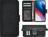 Oppo Reno 5 5G Hoesje - Bookcase - Oppo Reno 5 5G Wallet Book Case Echt Leer Croco Zwart Cover