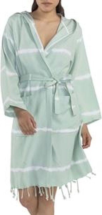 Tie Dye Badjas Mint - L - extra zachte hamam badjas - luxe badjas - korte ochtendjas met capuchon - dunne sauna badjas