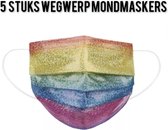 Glitter wegwerp mondmaskers - Regenboog - per 5 stuks