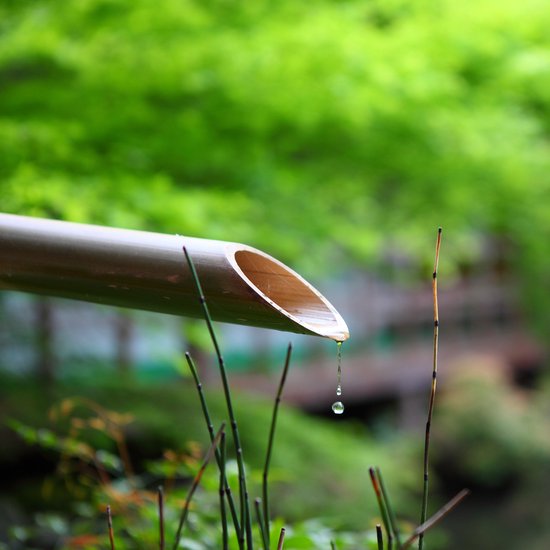 Dibond - Zen / Water - Bamboe waterval in groen / beige / bruin / zwart  - 120 x 120 cm.