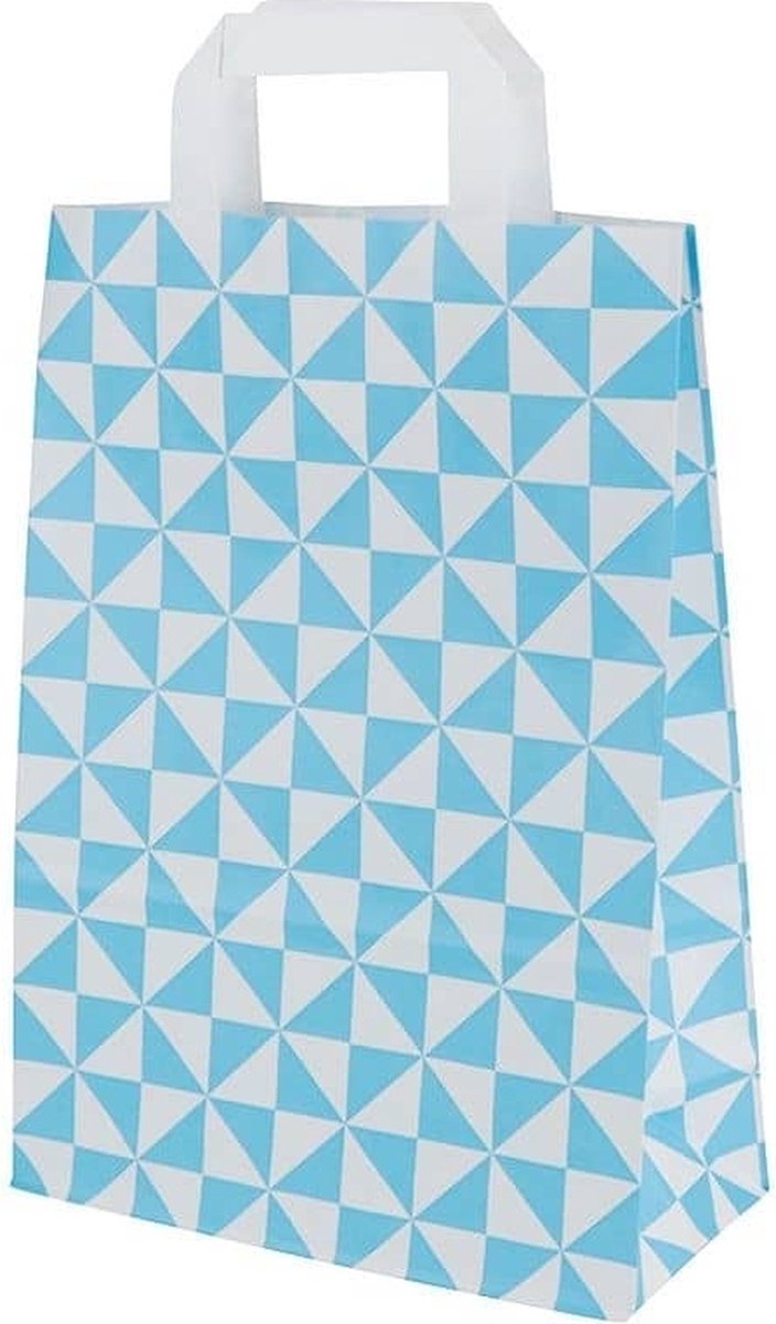 25 x Papieren Cadeau draagtassen - Geschenk verpakking - Zakjes 'Trigon' 22+10x31cm Blauw/wit
