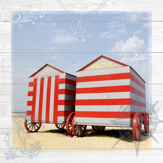 Dibond - Mer/Plage - Collage cabine de plage en beige/blanc/rouge/marron - 120 x 120 cm.