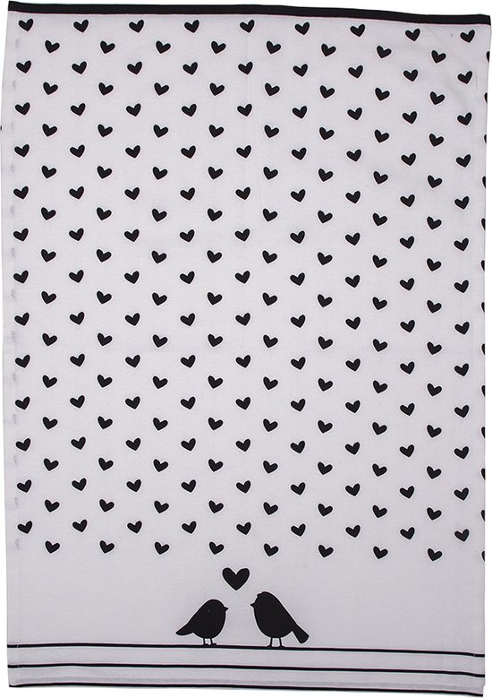 Clayre & Eef Torchon 50x70 cm Blanc Noir Coton Oiseaux de coeur Torchon de cuisine
