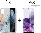 Samsung S20 Plus Hoesje - Samsung Galaxy S20 Plus Hoesje Marmer Lichtblauw Siliconen Case - Full Cover - 4x Samsung S20 Plus Screenprotector