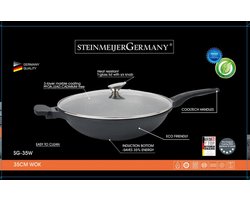 SteinMeijerGermany XXL Wok pan 35 cm wok- met glazen deksel -Marble Coating Zwart -vok pan 35 cm -de grootste Wokpan met handvat inductie
