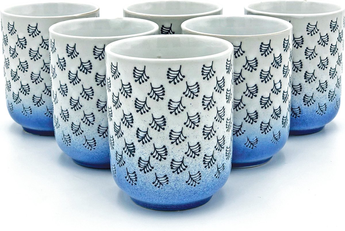 Lavandoux - Mokken - Beker - Steengoed - Bloemen - Blauw en Wit - 250 ml - set van 6