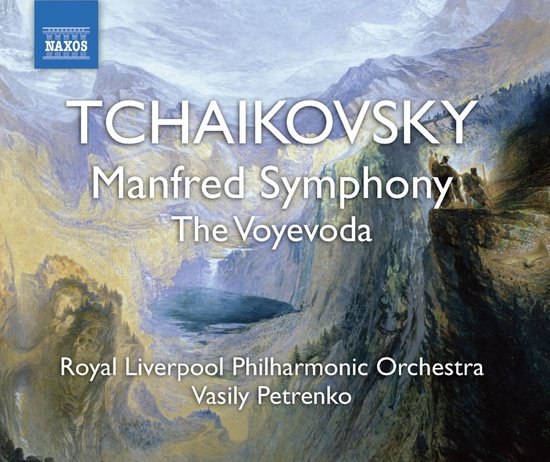 Albumcover met schilderij van besneeuwde bergen met een meer en figuren aan de rand, met de tekst 'TCHAIKOVSKY Manfred Symphony The Voyevoda'.