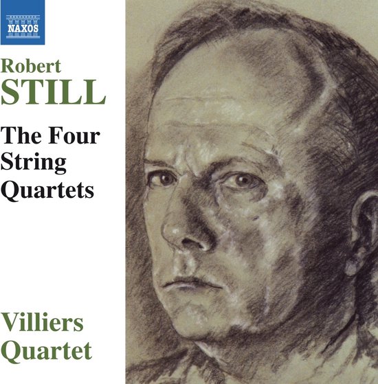 Albumhoes met een potloodschets van een man en tekst: "Robert STILL The Four String Quartets Villiers Quartet"
