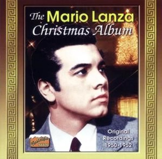 Albumhoes van 'The Mario Lanza Christmas Album' met Mario Lanza, een gouden rand en een kerstboom.