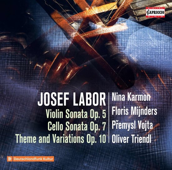 Albumcover met abstracte beelden van een viool en de tekst "JOSEF LABOR", "Nina Karmon", "Violin Sonata Op. 5" en "Deutschlandfunk Kultur".