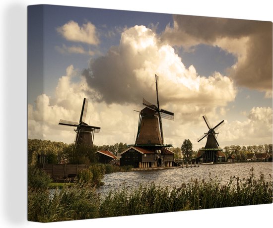 Canvas Schilderij Weergave van windmolens op de Zaanse Schans, Nederland - Wanddecoratie