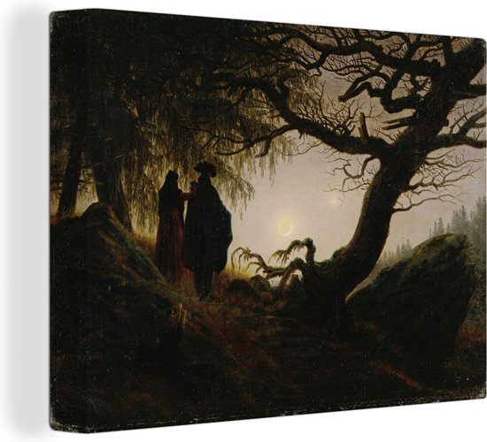 Canvas Schilderij Man en vrouw de maan bekijkend - Schilderij van Caspar David Friedrich - 120x90 cm - Wanddecoratie