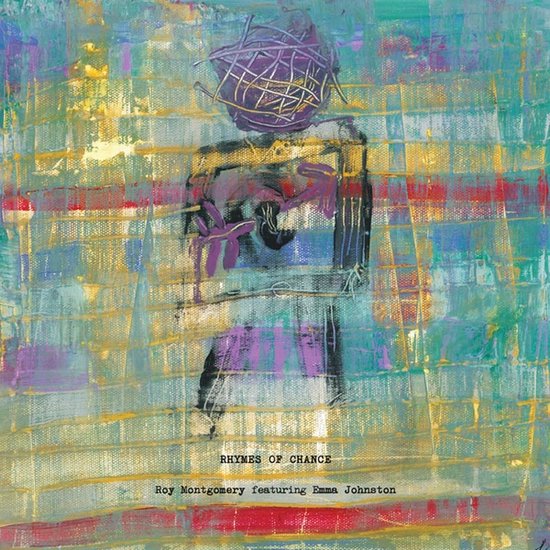 Abstracte kunst met een menselijke figuur in paarse en gouden tinten, met de tekst "Rhymes Of Chance Roy Montgomery featuring Emma Johnston".