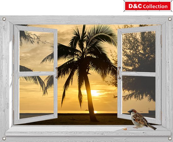 D&C Collection - tuinposter - 90x65 cm - doorkijk - wit luxe venster zonsondergang vogels palm - tuin decoratie - tuinposters buiten - schuttingposter - tuindoek