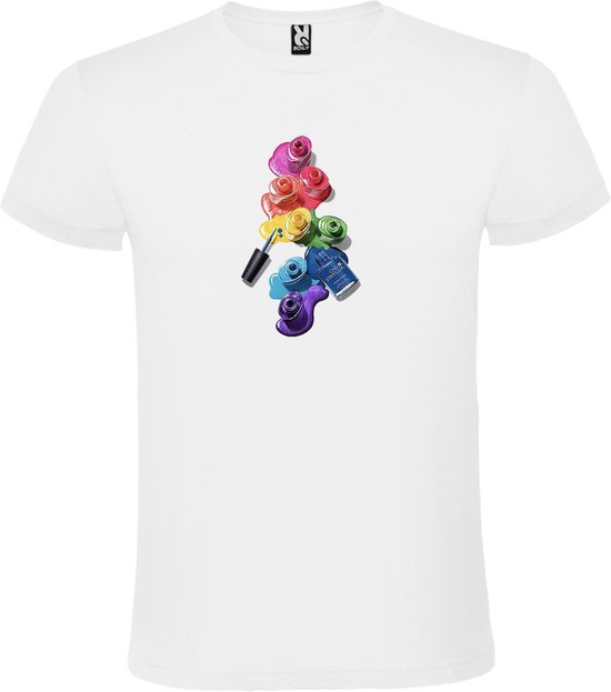 Wit t-shirt met prachtige kleurrijke omgevallen flesjes nagellak als print Size XXXXL
