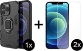 iPhone 13 Pro Max hoesje Armor Case Zwart Kickstand Ring shock proof magneet - 2x iPhone 13 Pro Max Screenprotector