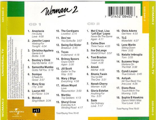 Achterkant van de cd-hoes van 'Woman 2' met tracklijsten voor CD 1 en CD 2, artiesten en nummers.
