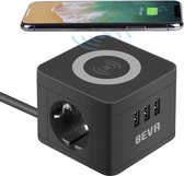 Beva Cube stekkerdoos, 2-voudig + 3 USB met draadloze oplaadfunctie, meervoudig stopcontact, geaard stopcontact, desktop-laadstation, mobiele telefoon oplader voor op reis, huishou