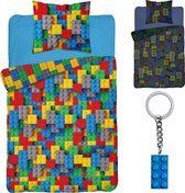Dekbedovertrek Lego- Glow in the Dark- 1persoons- 140x200- dubbelzijdig- Katoen- bouwstenen- bricks, incl. lego steen sleutelhanger