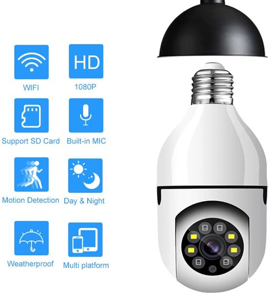 ampoule camera de surveillance wifi, lampe camera PTZ 1080P rotation 360