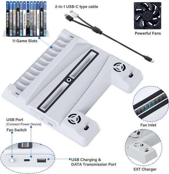 DrPhone DPS3 - Station de charge pour PS5 DISK / Version numérique - Fonction de refroidissement - Dongle contrôleur + Système de stockage de jeu - Wit
