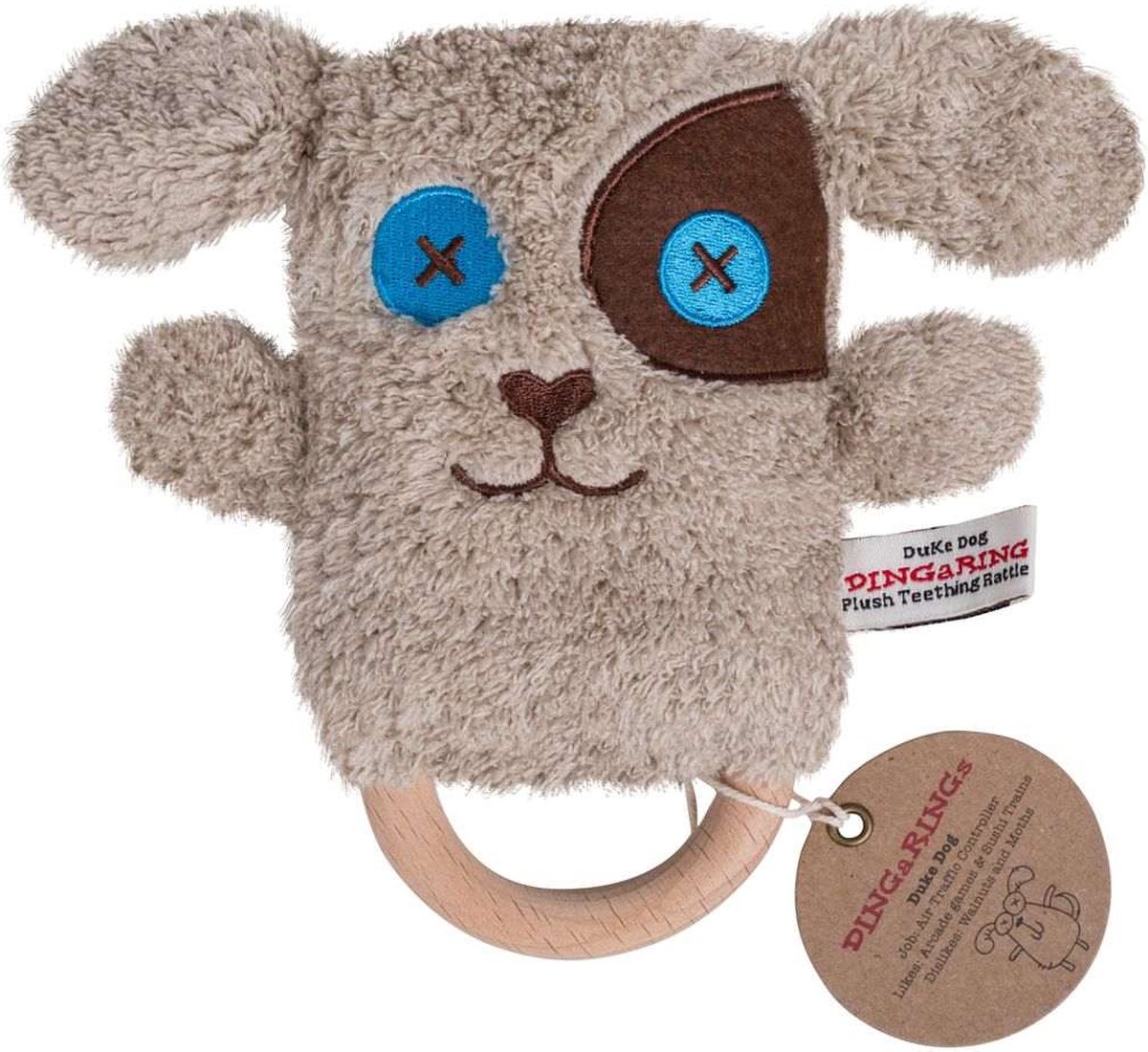 O.B. Designs pluche rammelaar hond Duke op bijtring bruin