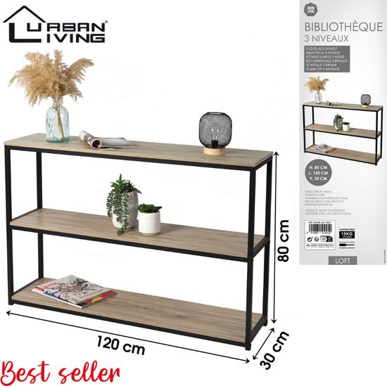 Urban Living - Metalen Open Dressoir met Houten Bladen - 3 niveaus - Industrieel Design