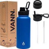 VANN® Waterfles 1 liter met rietje voor volwassenen – met 3 doppen / Multifunctioneel – RVS – 24uur koud/12 uur warm - Blauw