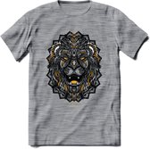 Leeuw - Dieren Mandala T-Shirt | Geel | Grappig Verjaardag Zentangle Dierenkop Cadeau Shirt | Dames - Heren - Unisex | Wildlife Tshirt Kleding Kado | - Donker Grijs - Gemaleerd - S