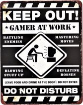 2D metalen wandbord "Keep out! Gamer at work" 25x20cm