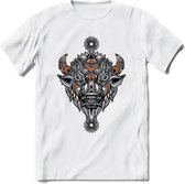 Bizon - Dieren Mandala T-Shirt | Oranje | Grappig Verjaardag Zentangle Dierenkop Cadeau Shirt | Dames - Heren - Unisex | Wildlife Tshirt Kleding Kado | - Wit - 3XL