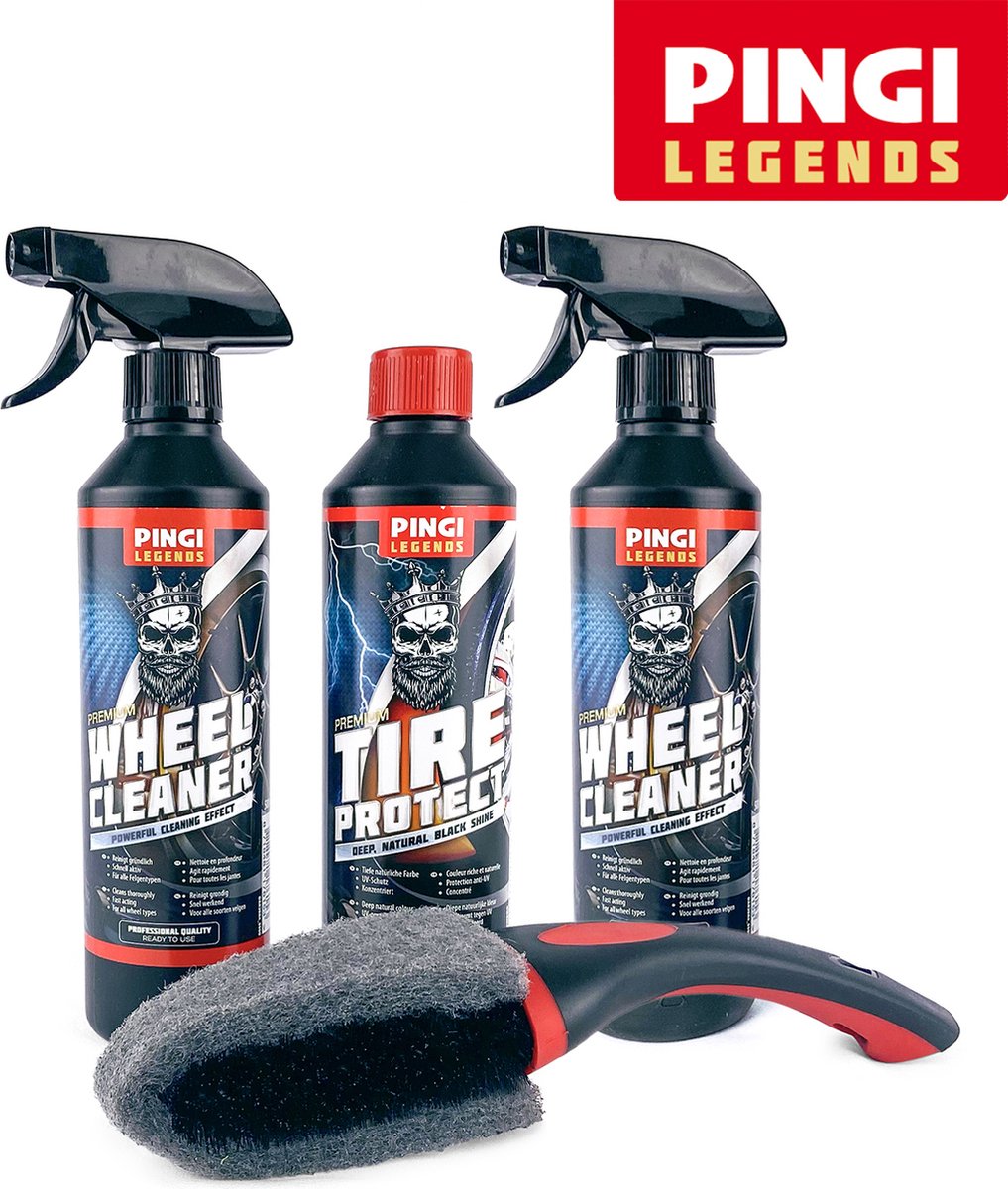 Pingi Car Care Velgen & Banden Schoonmaakset – Met Velgenreiniger – Flexibele Borstel – Bandenzwart