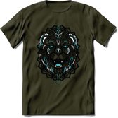 Leeuw - Dieren Mandala T-Shirt | Lichtblauw | Grappig Verjaardag Zentangle Dierenkop Cadeau Shirt | Dames - Heren - Unisex | Wildlife Tshirt Kleding Kado | - Leger Groen - XL