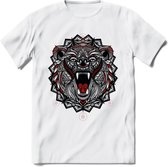 Beer - Dieren Mandala T-Shirt | Rood | Grappig Verjaardag Zentangle Dierenkop Cadeau Shirt | Dames - Heren - Unisex | Wildlife Tshirt Kleding Kado | - Wit - M