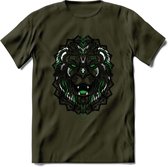 Leeuw - Dieren Mandala T-Shirt | Groen | Grappig Verjaardag Zentangle Dierenkop Cadeau Shirt | Dames - Heren - Unisex | Wildlife Tshirt Kleding Kado | - Leger Groen - S