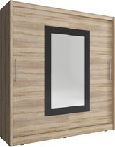 InspireMe- Zweefdeurkast Kledingkast met Zwart Spiegel Garderobekast met planken en kledingstang - Kuba 2 (Sonoma, 180 cm)