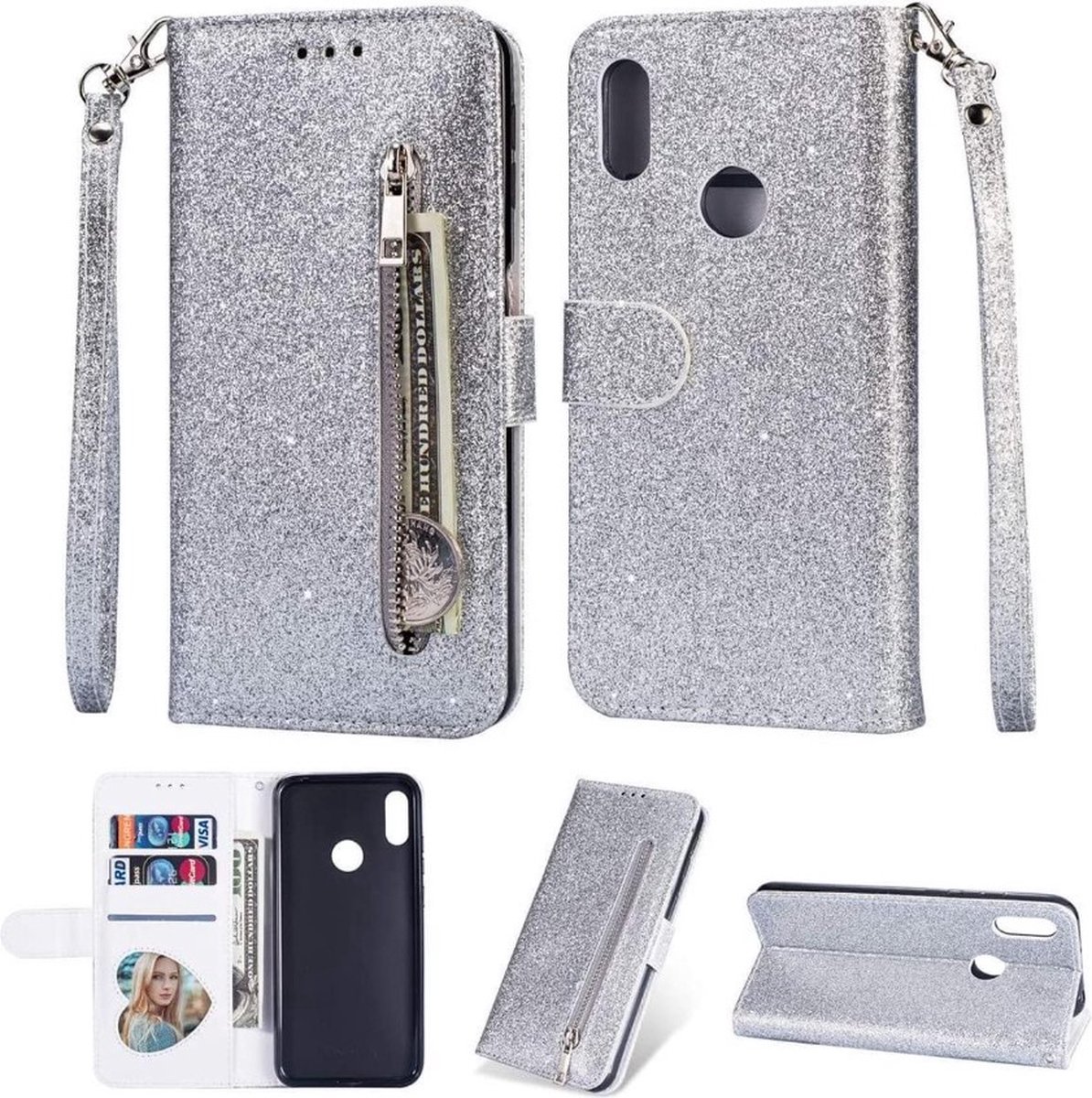 LuxeBass Hoesje geschikt voor Samsung Galaxy A20e Glitter Bookcase hoesje - Zilver - Portemonnee met Rits - telefoonhoes - gsm hoes - telefoonhoesjes