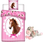 Paarden dekbedovertrek- 140 x 200 cm- Polyester- roze - bruin paard- 1persoons, incl.Pluche Paardje 25 cm grijs-roze