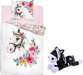 Dekbedovertrek Wit Paard bloemenkrans- 1 persoons- katoen- 140x200- Horse- dekbed meisjes- slaapkamer, incl. Pluche Paardje 25 cm zwart-paars