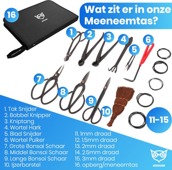 Good2know Set d' Outils pour bonsaï - 16 pièces - Kit de démarrage pour bonsaï - Kit d'entretien pour bonsaï - Outils de jardin