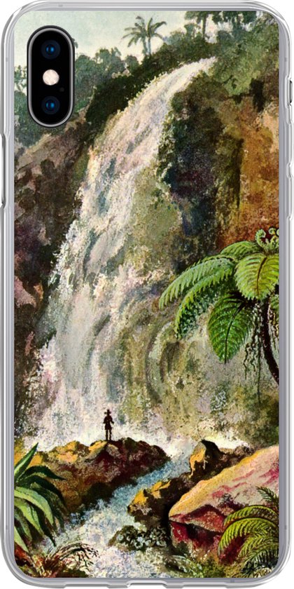 Coque iPhone Xs Max avec une peinture de cascade et un homme à la base.