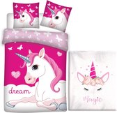 Dekbedovertrek Unicorn- roze- 1 persoons- Polyester- dekbed meisjes- 140x200 cm,  incl. Fleece deken Unicorn 130x160