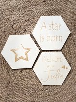 3x hexagon (muurcirkel) gepersonaliseerd met eigen naam - geboorte - kraamcadeau