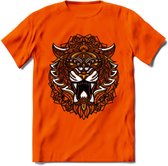 Tijger - Dieren Mandala T-Shirt | Geel | Grappig Verjaardag Zentangle Dierenkop Cadeau Shirt | Dames - Heren - Unisex | Wildlife Tshirt Kleding Kado | - Oranje - XL