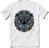 Beer - Dieren Mandala T-Shirt | Blauw | Grappig Verjaardag Zentangle Dierenkop Cadeau Shirt | Dames - Heren - Unisex | Wildlife Tshirt Kleding Kado | - Wit - S