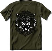 Tijger - Dieren Mandala T-Shirt | Grijs | Grappig Verjaardag Zentangle Dierenkop Cadeau Shirt | Dames - Heren - Unisex | Wildlife Tshirt Kleding Kado | - Leger Groen - XXL