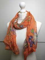 Lange dames sjaal Kiki fantasiemotief oranje groen wit paars roze blauw bruin