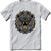 Beer - Dieren Mandala T-Shirt | Geel | Grappig Verjaardag Zentangle Dierenkop Cadeau Shirt | Dames - Heren - Unisex | Wildlife Tshirt Kleding Kado | - Licht Grijs - Gemaleerd - XL