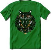 Uil - Dieren Mandala T-Shirt | Geel | Grappig Verjaardag Zentangle Dierenkop Cadeau Shirt | Dames - Heren - Unisex | Wildlife Tshirt Kleding Kado | - Donker Groen - XXL